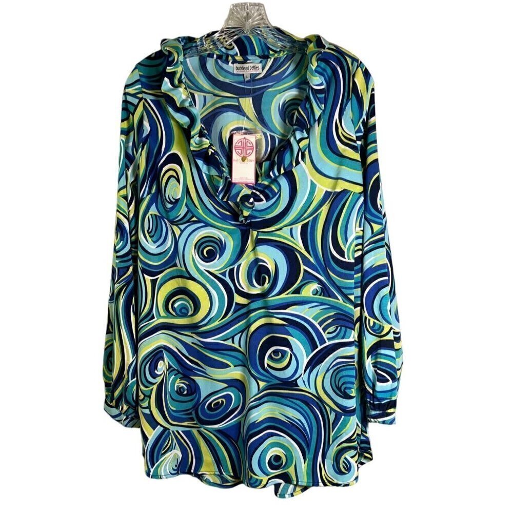 NWT Buckhead Betties Green & Blue Swirl Pattern Shift Blouse Size Large - Picture 2 of 11